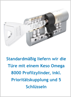 Standardmäßig liefern wir die Türe mit einem Keso Omega 8000 Profilzylinder, inkl. Prioritätskupplung und 5 Schlüsseln